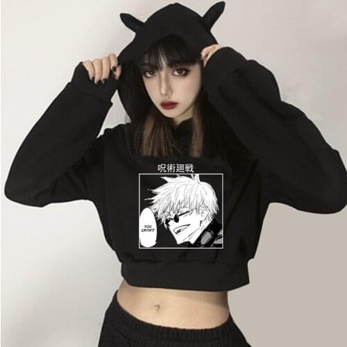 Jujutsu Kaisen Print Short Hoodies Women Casual Long Sleeve Loose Hooded Sweatshirt Autumn Winter