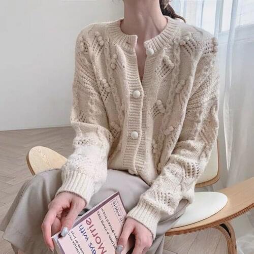 Manual ball ball cardigan sweater female han edition restoring ancient ways round collar with thick loose coat sweater