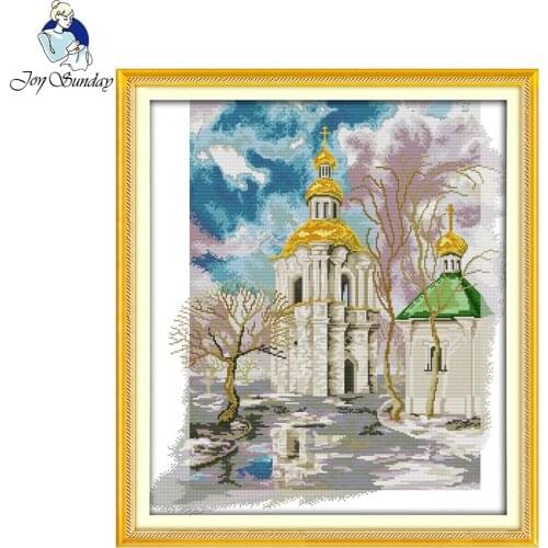 Joy Sunday scenic style Winter castle cross stitch patterns designs needlepoint patterns stitchery kits for home decoration