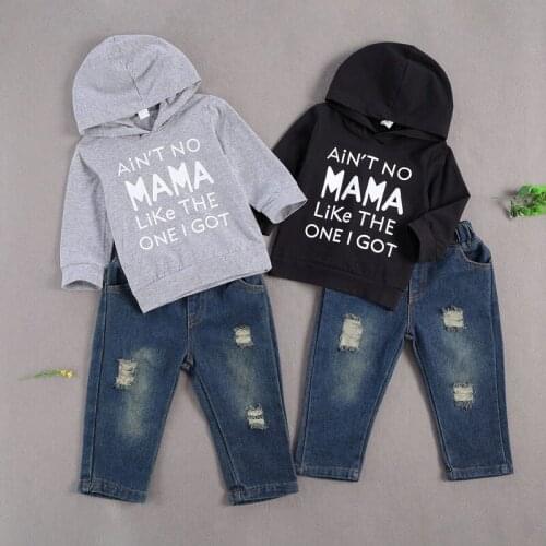 2Pcs Outfit Kids Baby Suit Set, Boys Letter Print Long Sleeve Hooded Pullover+ Ripped Jeans Pants Gray/Black