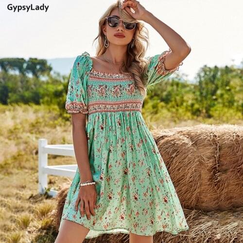 GypsyLady Floral Print Mini Dress Boho Casual Spring Vintage Women Dress Lantern Sleeve Ruffles Elastic Sexy Chic Ladies Dress