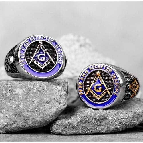 Stainless Steel Men Rings Masonic Freemasonry Blue Punk Rock Hip Hop for Biker Male Boyfriend Jewelry Creativity Gift Wholesale