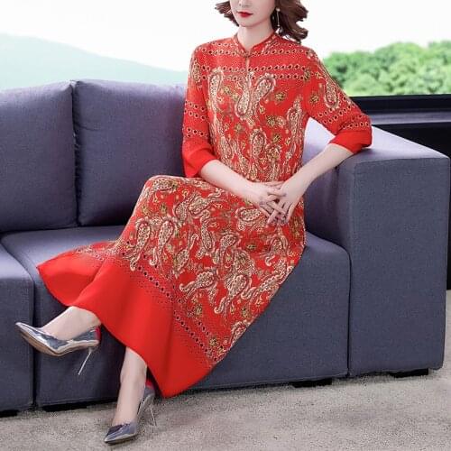 Summer Spring Vintage 4XL Plus Size Dress Women Chinese Style Red Print Mulberry Silk Midi Dress Elegant Bodycon Party Vestidos