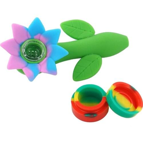 Novelty Tobacco Pipe for Herb with Glass Bowl Sunflower Design + 5ml Silicone Concentrate Container Mini