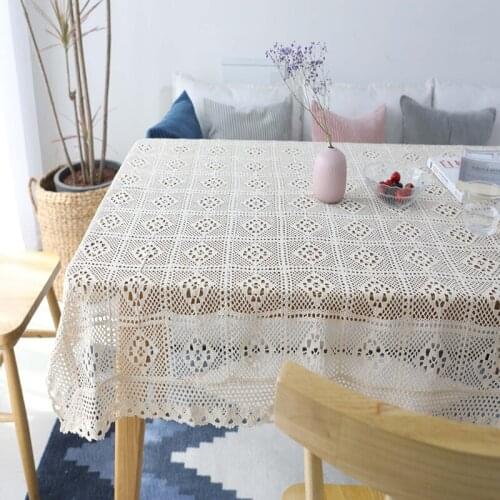 New Style Full Hollow Embroidered White Lace Crocheted Tablecloth Cotton Rectangle Table Cloth Home Hotel Textile Decor HM011-30