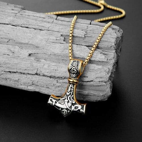 New Punk Viking Two-tone Thors Hammer Pendant Necklace Men Stainless Steel Jewelry Sweater Chain Navia Rune Amulet Pendant Hot