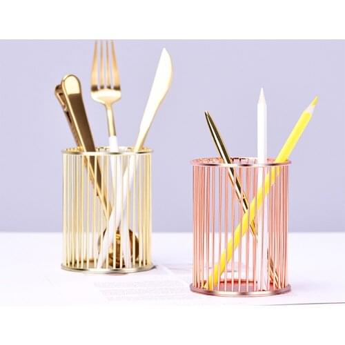Office Organizer Iron Pen Holders Simple Rose Gold Storage Box Multi-function Round Metal Pen Holder Case Ornaments