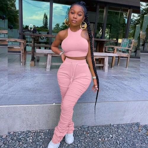 Sexy 2 Piece Sets Womens Outfits Summer Festival Clothing Crop Top Stacked Pants Suit High Street Fitness Elastic Matching Sets