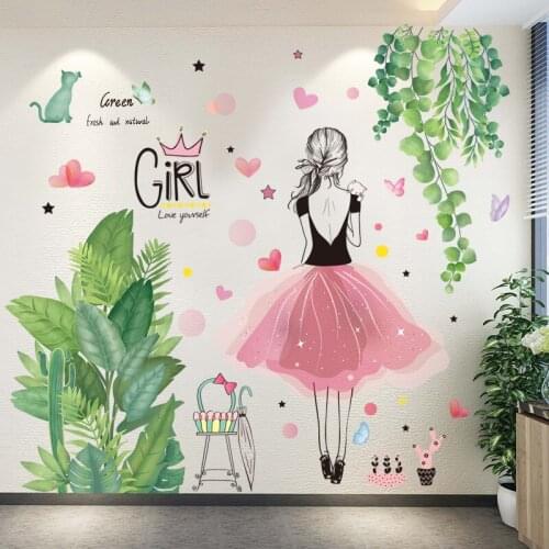 [shijuekongjian] Green Plants Wall Stickers DIY Cartoon Girl Wall Decals for Kids Room Baby Bedroom Nursery House Decoration