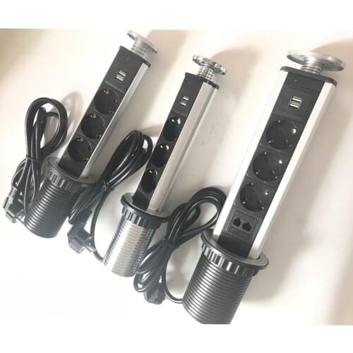 2019 power EU Plug Hidden Kitchen Table Pop Up Electrical Socket Power 1 Led+2 charge USB Aluminum Shelf Silver/Black Cap