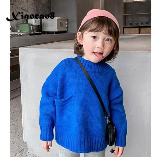 2020 Autumn Childrens Sweater Solid Loose Turtlrneck Knitted Pockets Girls Sweaters Toddler Baby Girl Fall Winter Clothes6 8 10