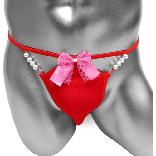 Mens Sexy Thong T Back underwear Sissy Pouch Panties Lingerie Bow with Pearl Jockstrap for sissy Gay Panties Thong Underpants