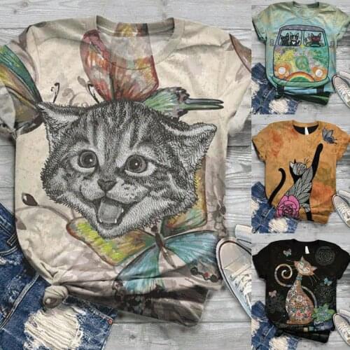 Womens cat animal print T-shirt womens round neck short sleeve womens top Slim and high T-shirt Tee T-Shirt Blouse 2021
