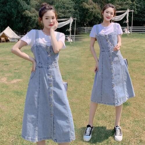 Denim Strap A Line Dress Summer 2021 New Fashion Korean Style Sleeveless Single-breasted Slim Fit Suspender Long Dresses Women