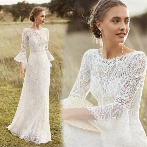 Scoop Beach Style Sweep Train Wedding Dress Elegant Lace Bell Sleeve Bohemian Backless Bridal Gowns vestidos de mairee Wedding