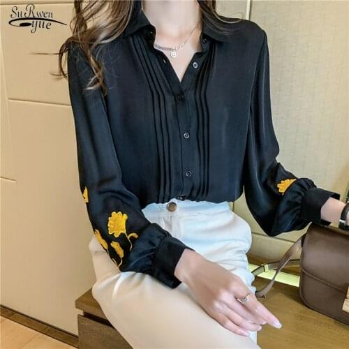 2021 New Embroidery Floral Women Blouse and Tops Office Lady Turn Down Collar Shirts Women Black Chiffon Female Clothing 12863