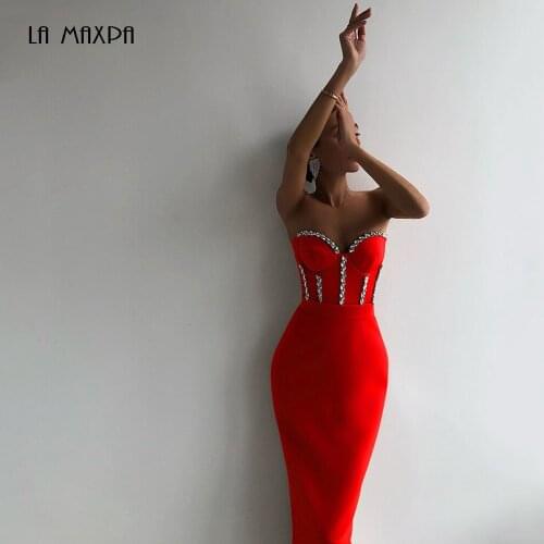Bandage Tube Top Diamond Sleeveless Split Mid-length Sexy Dress 2021 Fashion High Quality Luxury Party Evening Runway Dress