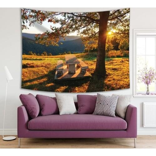 Tapestry Park Table with Benches at Sunset in Garrastatxu Sunbeams Autumn Green and Gold Leaves Nature Photo