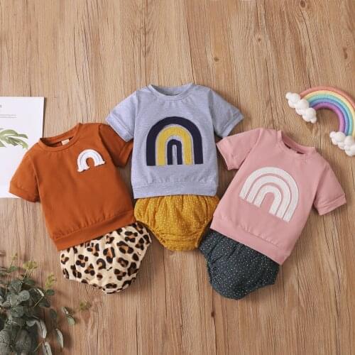 2Pcs Little Boys Girls Outfit Toddlers Summer Short Sleeve Casual Rainbow Tops+Leopard Print/Dot Printing Shorts Clothes Set