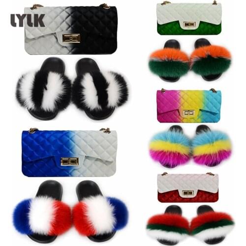 Summer Womens Fox Fur Slippers Ladies Fluffy Plush Slides Furry Big Size Shoes Female Jelly Bag Luxury Chain Messenger Bags Set