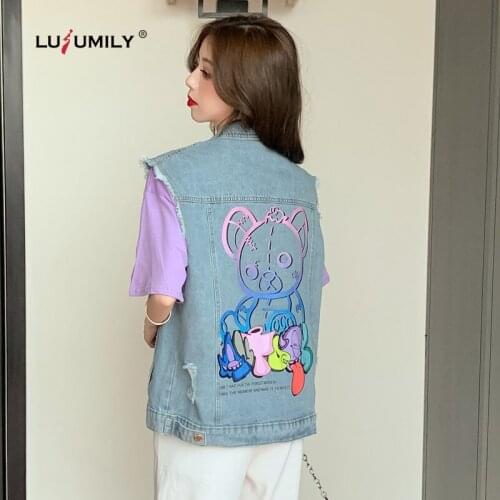 Lusumily Loose Denim Waistcoat Jacket Women Vest Autumn Female Sleeveless Jean Jacket Casual Cowboy Outwear Denim Vest Tops