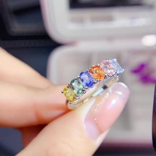 Fashion delicate grace Row Natural Multicolor sapphire Ring S925 Silver Natural Gemstone Ring Womens office gift Rings Jewelry