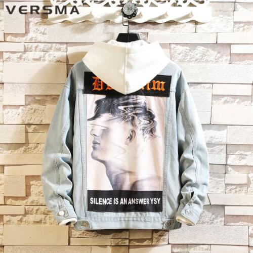 VERMA Plaid Patchwork Graffiti Print Jeans Mens Jackets Coats Motorcycle Biker Ripped Mens Denim Jacket Cazadora Vaquera Hombre