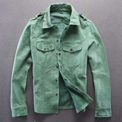 2016 Slim fit leather shirt men real goatskin Green/ white genuine leather jacket men thin leather wind jacket mens skin shirt