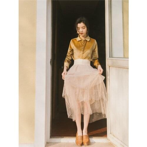 2019 new fashion womens adult clothing suit autumn and winter velvet shirt mesh skirt half-piece