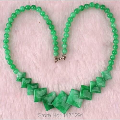 Stone Imitation Green White Jades Square Beads Necklace 17" Strand