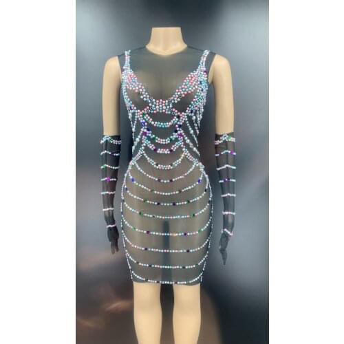 Multi-color Pearl Rhinestone Black Transparent Short Dress Gloves Birthday Prom Bar Outfit Women Dancer Dress