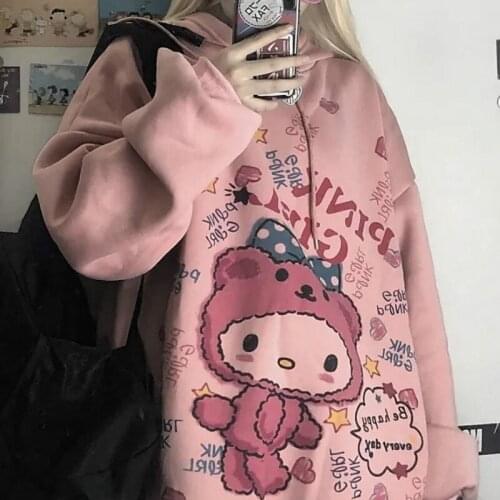 Pink Kawaii Hoodie for Women Girl Harajuku Graphic Shirt Korean Hoddie Clothes Ulzzang Long Sleeve Sweatshirt Clothing
