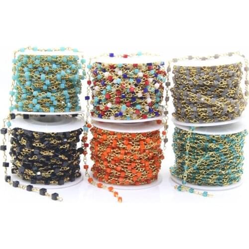 6Color 3mm Glass Cube Beads Rosary Chains,Brass Wire Wrapped Square Glass Beaded Link Chains,DIY Necklace Bracelet Choker Supply