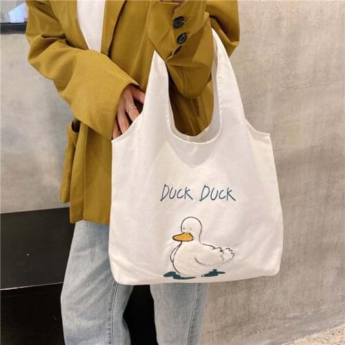 Woman Student Girl Shoulder Bag Cute Duck Cartoon Casual Totes Satchel Large Capacity Handbag Embroidered Canvas Shopping Bags