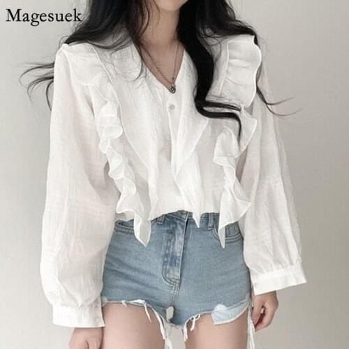 Vintage Ruffled Long Sleeve Woman Shirt White Autumn Loose Button Woman Blouses Blusas Korean V-neck Tops Fashion Clothing 15725