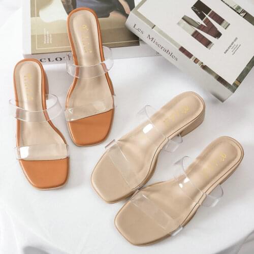 Large Size 41-43 Transparent Slippers Female Summer Wear Mid Heels 2021 Sandals Female Thick With Fairy Style