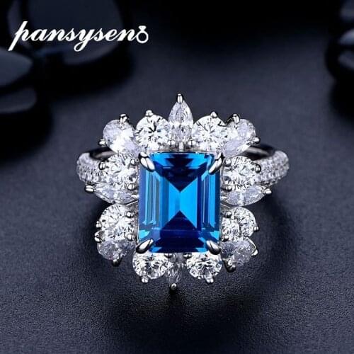 PANSYSEN 100% 925 Sterling Silver Emerald Cut Sapphire Ruby Diamond Gemstone Rings for Women Vintage Fine Jewelry Ring Wholesale