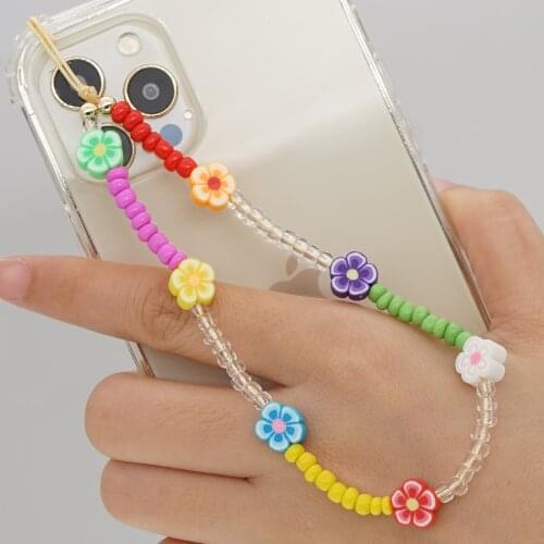 Cell Phone Chains Mobile Lanyard Mixcolor Beaded Cord Phone Charm Flower Straps 2021 Jewelry For Women