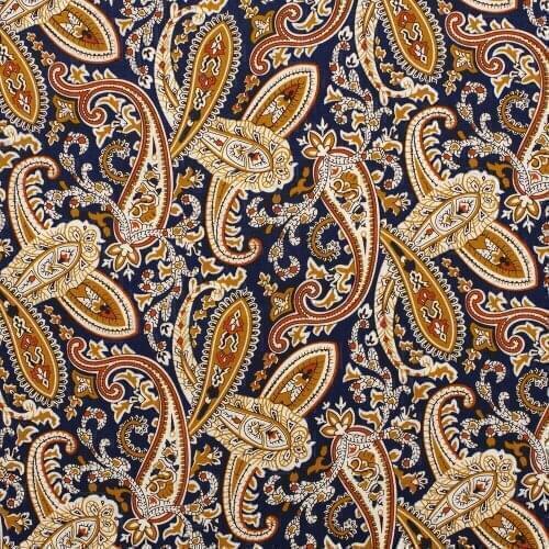 1 Yard Cotton Poplin Fabric for Sewing Patchwork, Dress, Cloth - Paisley Flower on Deep Blue Background (width=140cm)