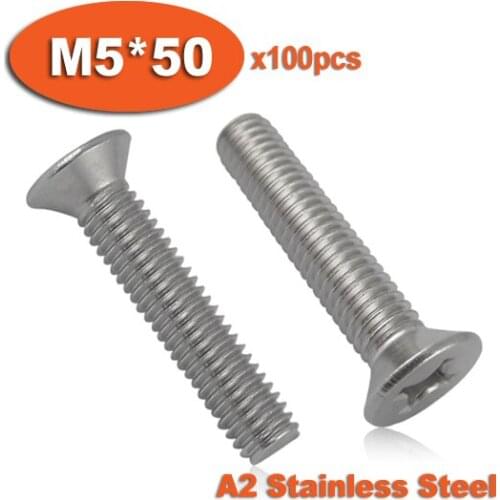 100pcs DIN965 M5 x 50 A2 Stainless Steel Screw Cross Recessed Countersunk Flat Head Screws
