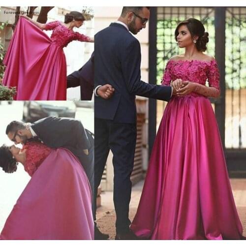 2019 Arabic Dubai Islamic Muslim Fuchsia Evening Dress Long Sleeves Formal Holiday Wear Prom Party Gown Custom Made Plus Size