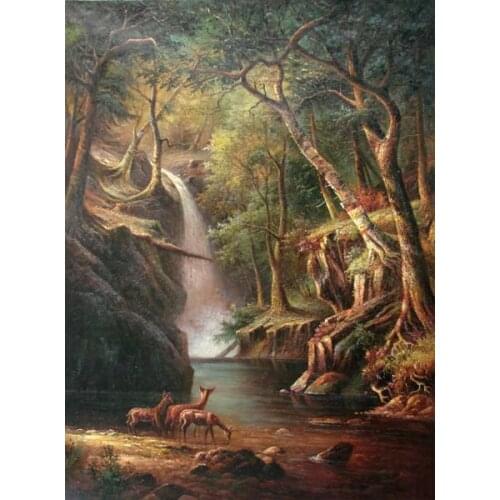 Free shipping classical forest deer drink waterfall landscape canvas prints oil painting on canvas wall art decoration pictures