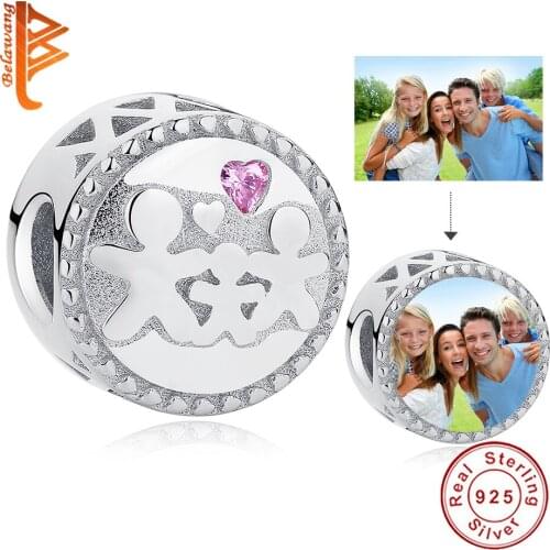 Authentic 925 Sterling Silver Pink Crystal Family Circle Custom Photo Beads fit Charm Bracelet Necklace DIY Personalized Jewelry