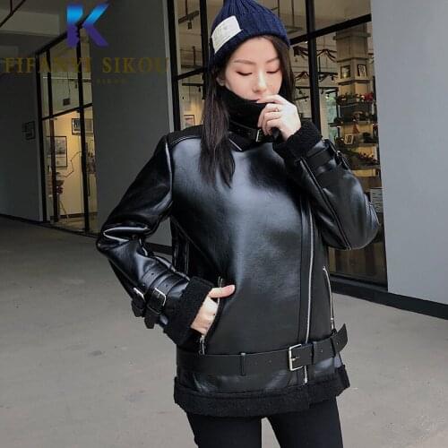 Black Biker Coat Winter Women Leather Jacket High Quality Thick Warm Lambswool Jackets Zipper Sashes Fashion PU Jacket Female