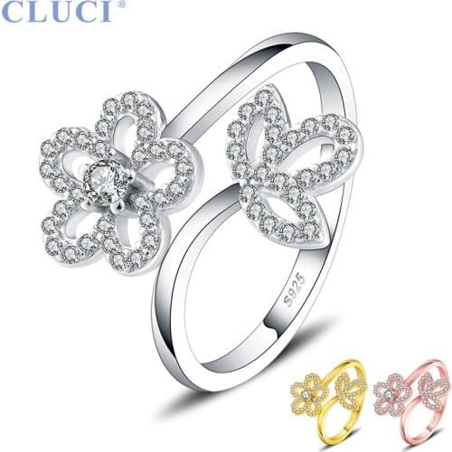 CLUCI Adjustable Romantic Flower Silver 925 Ring Jewelry for Women Party Rose Gold Open Ring DR2010SB