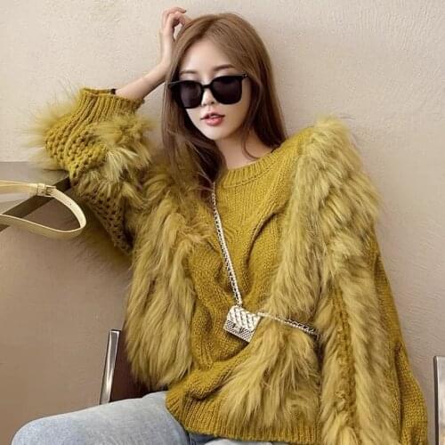 2020 Female Fashion Plus Size Long Knitted Sweater Dress Turtleneck Pullover with Real Rabbit Fur Sleeves Women Winter