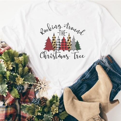 Colored Rockin' Around The Christmas Tree T-shirt Trendy Women Graphic Party Tops Tees Vintage Winter Holiday Gift Tshirt Outfit