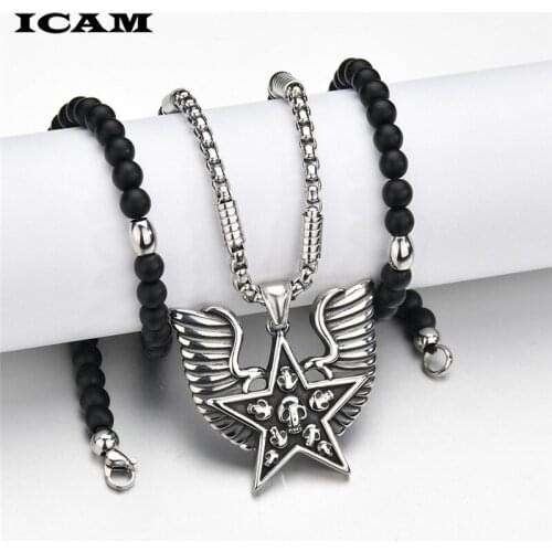 ICAM Mens Fashion Punk Skull Head Rope Chain Necklaces for Men Eagle Wing Pendant Gothic Ethnic Jewelry