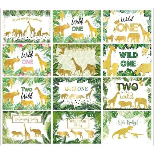 Cartoon Jungle Backdrop Monstera Leaves Golden Animal Photography Backgrounds Baby Shower Birthday Party Decor Photo Booth Prop