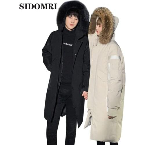 Mens down jacket new stylish medium and long Korean version thickened youth hooded casual mens coat with large fur collar